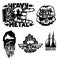 Heavy rock music badge vector vintage labels with punk skull symbols hard sound sticker print emblem illustration