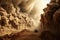 Heavy sand and dust storm above desert road land on hot summer day