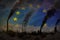 Heavy smoke of industrial pipes on European Union flag - global warming concept, background with space for your logo - industrial