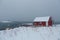 Heavy snowfall in Lofoten Islands, Norway, over a traditional red house, during a cold winter day