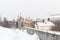 Heavy snowfall in Moscow. Snow-covered roads and Zaryadye Park with a view of the Kremlin and St. Basil`s Cathedral