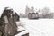 Heavy snowfall over the city of Maastricht with a view on the Vrijthof square covered with snow