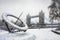 Heavy snowfall over the Tower Bridge in London