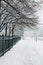 Heavy snowfall and snowstorm in Toronto, Ontario, Canada. Snow blizzard and bad weather winter conditions. Empty road street in