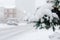 Heavy snowfall in Toronto, Ontario, Canada. Snow blizzard and bad weather winter conditions. Poor visibility and danger for