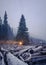 Heavy snowing on pine tree with wood logs on winter