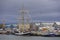 Heavy storm clouds over the Port of Montrose with the Pelican of London Tallship moored alongside the Commercial Quay.