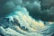 a heavy stormy scene illustration of the ocean becoming big waves, ai generated image