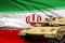 Heavy tank with fictional design on Iran flag background - modern tank army forces concept, military 3D Illustration