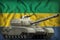 Heavy tank on the Gabon national flag background. 3d Illustration