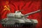 Heavy tank on the Soviet Union SSSR, USSR national flag background. 9 May, Victory day concept. 3d Illustration
