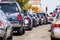 Heavy traffic in downtown San Francisco, California; cars stopped at a traffic light