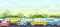 Heavy traffic on road. Seamless horizontal cartoon illustration. Asphalt path. Summer morning landscape. Different cars