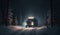 Heavy Truck Locomative with Lights Driving Trough the Darkness Winter Forest on Blurry Background