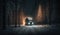 Heavy Truck Locomative with Lights Driving Trough the Darkness Winter Forest on Blurry Background