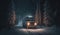 Heavy Truck Locomative with Lights Driving Trough the Darkness Winter Forest on Blurry Background