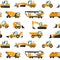 Heavy trucks pattern. Seamless print with construction vehicles and industrial building machinery for earthwork, lifting