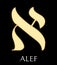 Hebrew letter alef, first letter of hebrew alphabet, meaning is head of a bull, gold design on black background