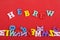 HEBREW word on red background composed from colorful abc alphabet block wooden letters, copy space for ad text. Learning english