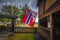 Hedalen - July 28, 2018: Flag of Norway in the wonderful Hedalen Stave Church, Norway
