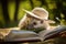 A hedge in a straw hat is reading a book. AI generative image.