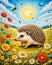 Hedgehog in beautiful meadow with bugs and bees in vibrant colours