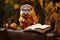 a hedgehog on a bench with a book and glasses, mimicking reading