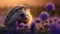 A hedgehog curiously sniffing a lavender flower