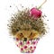 Hedgehog and dessert with cherry T-shirt graphics, Hedgehog and dessert illustration with splash watercolor textured background. i