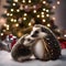 A hedgehog family wrapped in cozy scarves, gathered around a twinkling Christmas tree5