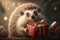 Hedgehog and gift. AI generative
