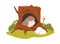 Hedgehog in hollow shelter in tree trunk. Forest animal peeking out of hole house in woods. Cute childish character