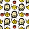 Hedgehog with jam, a cup of tea and teapot seamless pattern