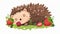 Hedgehog lying on the ground with berry. Smiley forest animal lying with food, strawberry. Adorable kawaii character