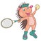 Hedgehog plays tennis. Cartoon style.