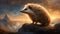 Hedgehog portrait. Fantasy hedgehog in a fairy tale. Mystical landscape. Dramatic lighting. AI generated