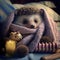 a hedgehog wrapped in a blanket with a teddy bear and candle on a bed with a striped pillow