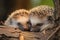 Hedgehogs, Scientific name: Erinaceus Europaeus. Close up of two wild, native European hedgehogs