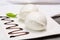 Ð¡heese collection, balls on soft white mozzarella bufala cheese served with balsamic cream tomato and fresh basil white
