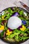 Ð¡heese collection, one big ball on soft white italian mozzarella bufalacheese with green rocket salad leaves and viola