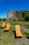 Hegyestu geological basalt cliff in kali basin hungary near Koveskal with sunbeds