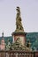 Heidelberg, Germany - Aug 1, 2020: Roman goddess Minerva sculpture on old bridge after sunset