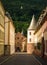 HEIDELBERG, GERMANY - JUNE 4, 2017: A Ñastle-style tower at the river Neckar embankment at the center of Heidelberg