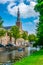 Heilige Lodewijkkerk church and classical facades of houses in Leiden, Netherlands