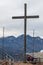 Heldenkreuz viewpoint and Platform with resting Hikers in Bavarian Prealps, Ostalpen, near Eschenlohe, Upper Bavaria, Germany