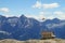 Helicopter above refujio hotel in the Alps