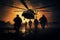 Helicopter backdrop accentuates the determination of soldiers powerful silhouettes