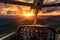 Helicopter cockpit with a beautiful sunrise in the background over the mountains, Aerial sunset view over the Blue Ridge Mountains