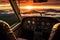 Helicopter cockpit with view of sunrise and fog in the mountains, Aerial sunset view over the Blue Ridge Mountains from the