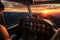 Helicopter cockpit and view of the sunrise in the mountains, Aerial sunset view over the Blue Ridge Mountains from the cockpit of